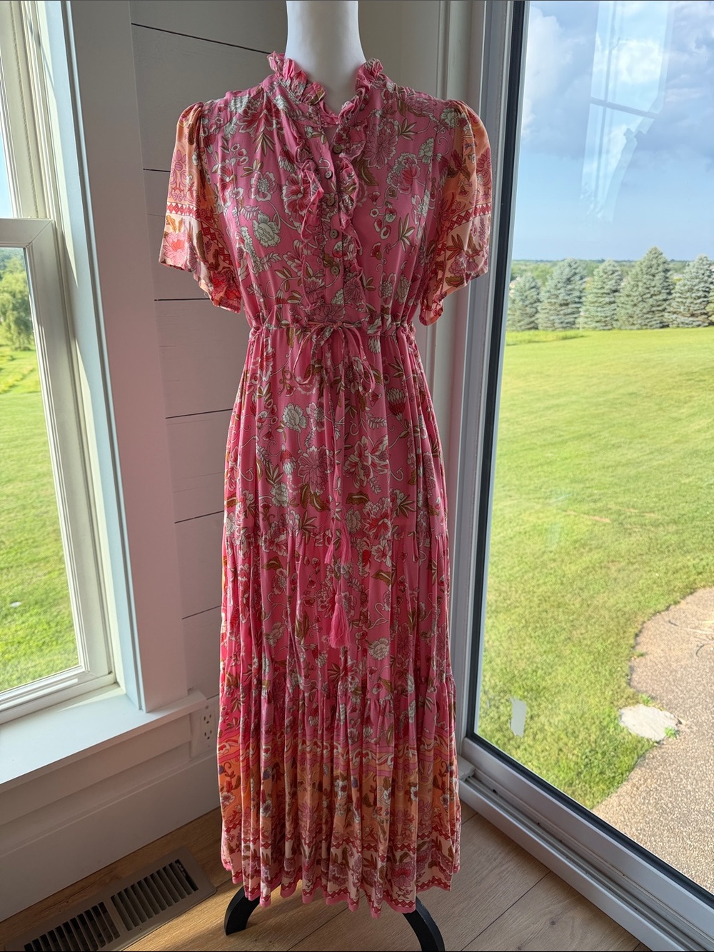 easel Pink Floral Ruffle Maxi Dress